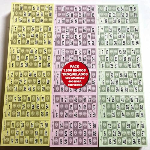 Paperafero | Pack de 1800 Cartones de Bingo Troquelados 90 Bolas | 3 Series Completas de 600 Sin Repetir | Verde, Rosa y Amarillo | Cartulina 220 g | Bingo para Residencias, Asociaciones y Fiestas