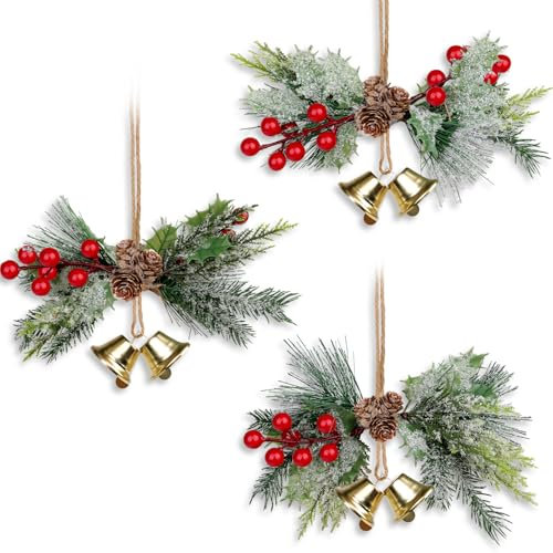 YiYa Christmas Bells Decor Xmas Jingle Bells with Holly Berry Large Hanging Jingle Bells for Christmas Tree Wearth Door Home Decor