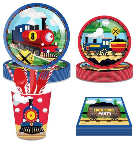 ZPSOSPZ Train Party Tableware Set, Train Party Supplies, 90pcs Train Birthday Decoration Set, Train Party Plates Cups and Napkins Train Themed Party Decorations Tableware for Boys Girls Kids