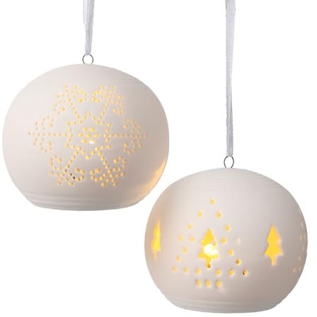 Yeerockal 2 Stück Weihnachtskugel Anhänger aus Keramik Weiss mit LED Belechtung | Baumbehang | Fensterbehang