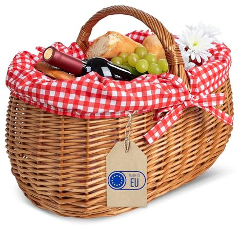 Creative Home Großer Picknickkorb mit rot karierter Stoffeinlage | Weidenkorb mit Henkel | Einkaufskorb Autokorb 45 x 32 x 34 cm (+/- 2 cm) | Groß und leicht | Naturbraun | Handgeflochten Universell