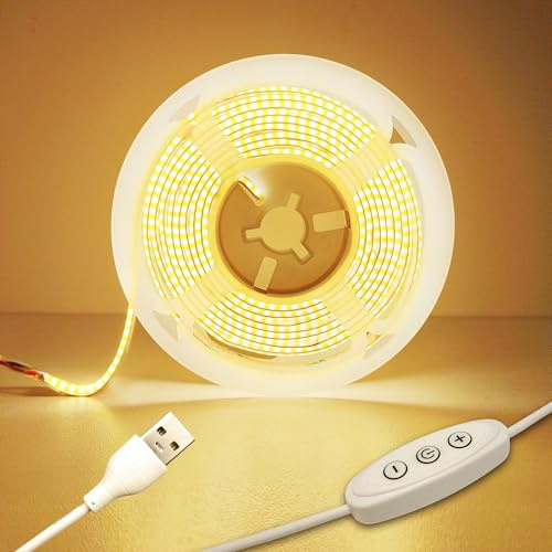 KUKUMAO LED Strip Light 2M 3000K Warmweiß LED Streifen, Dimmbar COB LED Streifen, CRI 80+ Lichtband, 8mm Breite mit USB 5V Eingang, für Bars, Cafés, Geschäfte, Heimdekoration