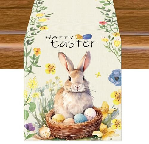 Aitsite Tischläufer Ostern, Kaninchen Osterei Tischdecke Ostern Tischläufer Frühling, Abwaschbare Tischdekoration Wasserabweisend Tischläufer Modern Party Dekoration (Kaninchen Osterei-A, 40×180cm)