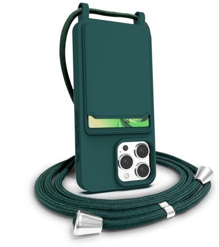 FOQENCCI for iPhone 16 Pro Crossbody Phone Case with Card Holder,Liquid Silicone Slim Fit Shockproof Cover Wallet Phone Cover with Adjustable Lanyard Strap Dark-Green 6.3
