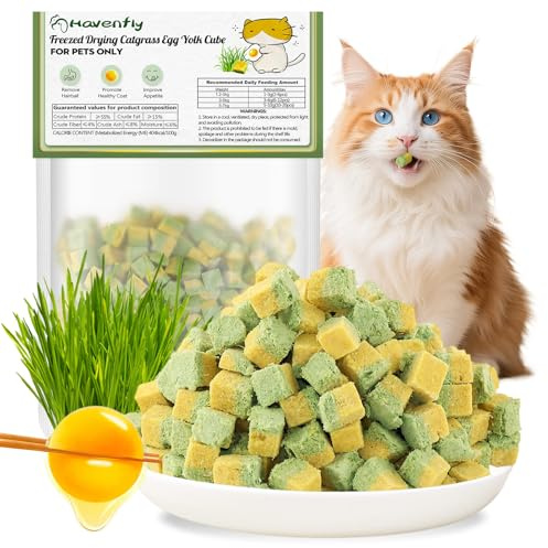 Gefriergetrocknete Katzengras Snack mit Katzengras & Eigelb, Katzenleckerlis Zahnpflege Leckerli zur Reduzierung von Haarballen und für Gesundes Fell, Cat Grass Stick (60g, Eigelb)