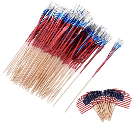 FONDOTIN 200 Stück Flaggen Cocktail Picks Holz Obstspieße für Usa Flagge Dekoration für Früchte Desserts und Partys Lebensmittelqualität Spieße