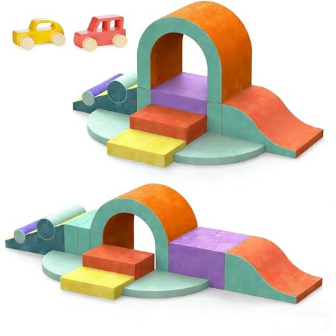 Kids Soft Play Set, 12 Pieces Foam Climbing Blocks for Toddlers, Baby Soft Play Equipment with Toy Car, Colorful Indoor Crawling Sliding Foam Blocks