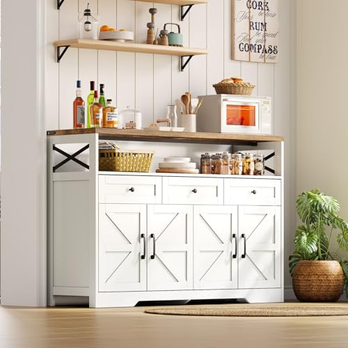 OLIVIBED Sideboard mit 3 Schubladen, Küchenschrank mit 4 Türen und verstellbare Ablage, Landhausstil Buffetschrank mit Stauraum, Küchenbuffet für Wohnzimmer Küche Esszimmer, 140x35x95cm, Weiß