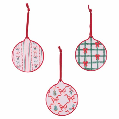Set mit 6 runden Keramikfliesen mit Nylonschnur, 11,5 cm, Weihnachtsschleifen