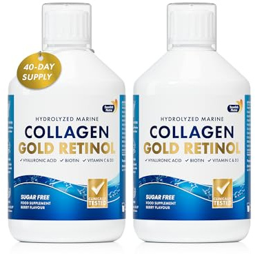 Swedish Nutra Marine Collagen 12,500 mg & Gold Retinol, 2 x 500 ml, 40 Day | Hydrolysed peptides & gold retinol with hyaluronic acid for hair, skin, nails & joints; sugar-free anti-ageing collagen