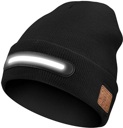 AYPOW Modische Bluetooth Mütze mit LED Licht, Musikalische Strickmütze Beanie mit Kopfhörer und eingebautem, Wiederaufladbare USB Beleuchtete Mütze Laufmütze Wintermütze, Tech Geschenke Männer Frauen