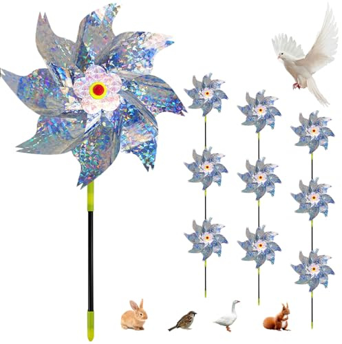 SMD35 Windrad Vogelabwehr - 10 Stück Reflektierende Windrad Taubenabwehr Windräder Windmühle Balkon Taubenschreck Vogelschreck Windrad Windspiel Garten (Silberne Blüten)