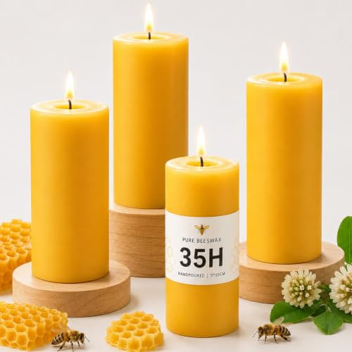 4 Stück Bienenwachskerzen, Bienenwachs Stumpenkerzen 35 Stunden Ø 5 x 10 cm | 100% reines Bienenwachs für Zuhause, perfekt für für Wohndekoration Entspannung und Ambiente