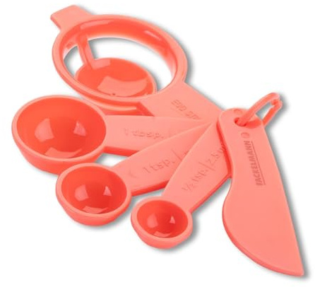 Fackelmann Messlöffel-Set 5-teilig, zartes Rosa – Präzises Dosieren beim Kochen und Backen, inklusive Eitrenner und Messer, spülmaschinengeeignet