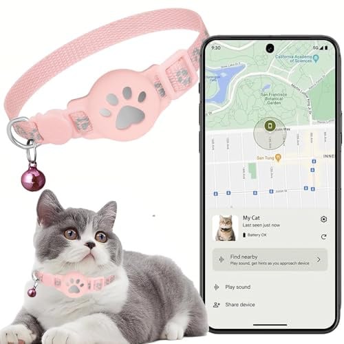 Cat Tracker Collar for Small Cats, Real Time Cat GPS Tracker No Monthly Fee, No SIM Required, Pet Tracker for Cats Works with goo- gle Find My Device (Only Android) (Collar + tracker Pink)