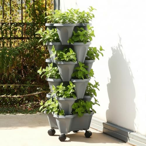 Generisch Stapelbarer Pflanzturm Mit 6 Etagen Und Rädern - Vertikaler Garten Für Erdbeeren, Kräuter & Gemüse | Platzsparendes Pflanzgefäß Für Balkon, Terrasse, Innen & Außen, 25x10cm