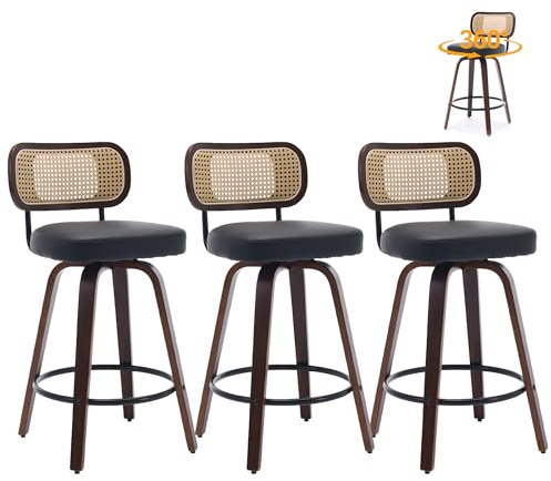 SEEDWAVE Drehbarer Barhocker 3er Set mit Rattan Lehne und PU Leder Sitzfläche, Walnussholz Beine mit Filzfüßen, schwarzer Metall-Fußring, Polsterhocker im Retro Industriestil (Schwarz)