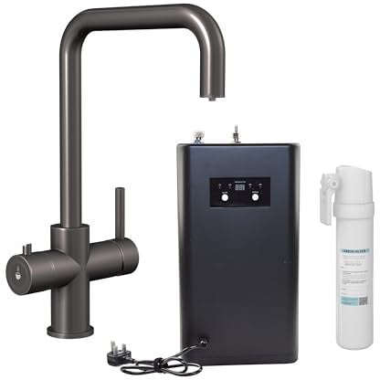 Flode 4 in 1 Instant Hot Water Kitchen Tap Kit - Gun Metal Finish - with Space Saving Corner Tank and Carbon Filter
