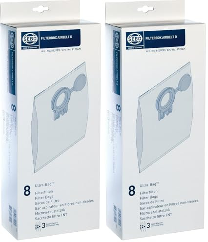 Sebo Filterbox D 8120 für Sebo Airbelt D inklusive 8 Ultra-Bag Elektret-Filtertüten 3-lagig mit Filterdeckel, Weiß (Packung mit 2)