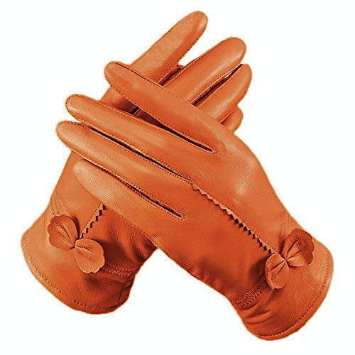 Fletion Damen Luxus Eeichem Lammfell Lederhandschuhe Mit Fleece-Futter, Einheitsgröße, Orange
