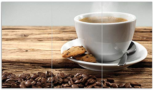Wallario Herdabdeckplatte/Spritzschutz aus Glas, 3-teilig, 90x52cm, für Ceran- und Induktionsherde, Heiße Tasse Kaffee mit Kaffeebohnen