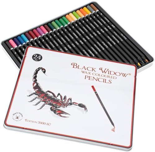 BLACK WIDOW Buntstifte für Erwachsene, das beste Buntstiftset für Malbücher für Erwachsene, hochwertiges 24-teiliges Zeichenset aus schwarzem Holz zur Verwendung in Ihren Büchern.