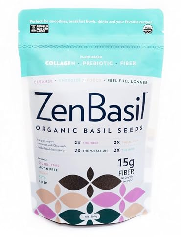 Zen Basil Seeds | edible basil seeds, kosher, non-gmo, lectin free, gluten free, plant based, keto, paleo, vegan | 15g fiber per/serv | 14oz | more fiber than chia seeds | prebiotic