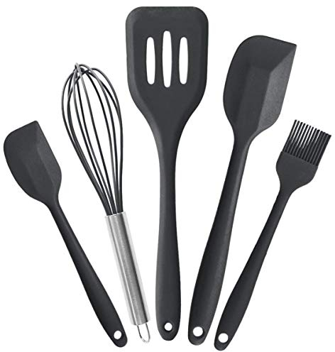 AVANA Lot de 5 ustensiles de cuisine en silicone - Résistants à la chaleur - Antiadhésifs - Fouet, spatule, pinceau à pâtisserie - Spatule (noir)