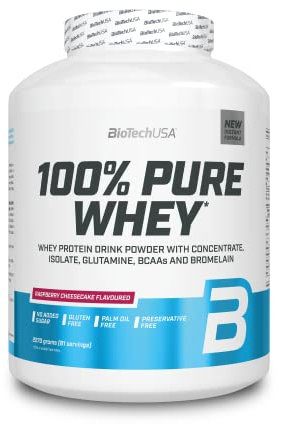 BioTechUSA 100% Pure Whey | Proteína en Polvo con BCAA y Glutamina | Sin Gluten, Sin Aceite de Palma, 2.27 kg, Tarta de queso con frambuesas