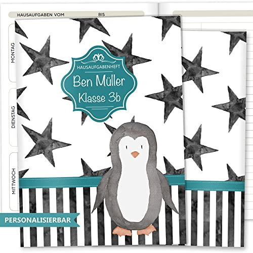 OLGS Hausaufgabenheft Hülle Creative Royal inkl. Heft Schulheft Schutzhülle Umschlag Geschenkidee Einschulung personalisierbar mit Namen und die Schulklasse (personalisiert, 01 - Pinguin)