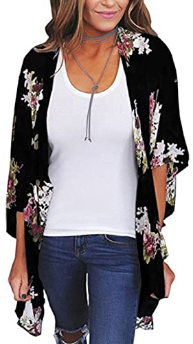 YULOONG Damenmode Bademode Vertuschung Chiffon Blumendruck Kimono Lose Schal Strickjacke Sommer Bluse Bademode Capes, Schwarz A, XL