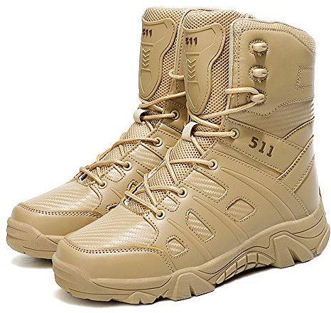 Bititger - Stivali outdoor da uomo, impermeabili, in pelle, con cerniera, stivali militari, Beige (67 sabbia), 43 EU