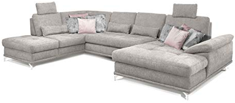 Cavadore Wohnlandschaft Castiel mit Federkern / Großes U-Form-Sofa mit Schlaffunktion, Bettkasten, Sitztiefenverstellung und Kopfstützen / 368 x 114 x 232 / Webstoff, Hellgrau