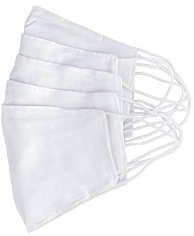 Rayher 52028102 Mund-Nasen-Maske mit Elastikbändern, 2-lagig, Set 5 Stück, weiß, 2 Schichten hochwertiger 100% Baumwollstoff, wiederverwendbar, waschbar bis 60°, Alltagsmasken, Behelfsmasken