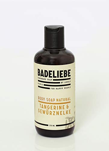 BADELIEBE Duschgel mit Mandarine & Nelke – 250 ml vegane Seife in 100% recycelter Flasche zur Reinigung und Pflege von Gesicht & Körper – Frei von Palmöl und Tierversuchen
