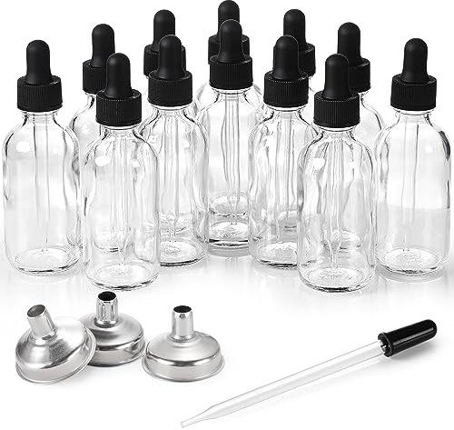 12 Pack, 2 oz Glass Dropper Bottle with 3 Stainless Steel Funnels & 1 Long Glass Dropper - 60ml Clear Glass Tincture Bottles with Eye Droppers for Essential Oils, Liquids - Leakproof Travel Bottles