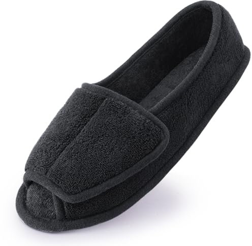Git-up Donna Morbide Comode Pantofole Casa Calde Leggere e Antiscivolo Ciabatta con Soletta Memory Foam Regolabili diabetiche artrite Edema Piedi Punta Aperta Piatte Indoor/Outdoor Slippers, Nero 7.