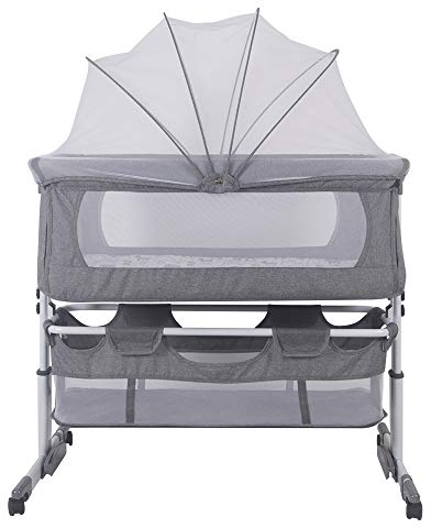 Beistellbett Baby mit Weich Matratze und Moskitonetz, Höhenverstellbares Babybett mit Rollen, Schlaf und Wiegenfunktion, Reisebett für Babys von 1 bis 36 Monaten