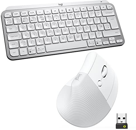 Logitech MX Keys Mini Keyboard and Lift Vertical Ergonomic Mouse Combo - Wireless, Backlit Keys, Bluetooth or Logi Bolt USB receiver, Quiet, Windows/macOS/iPadOS, Laptop, PC, QWERTY UK - White