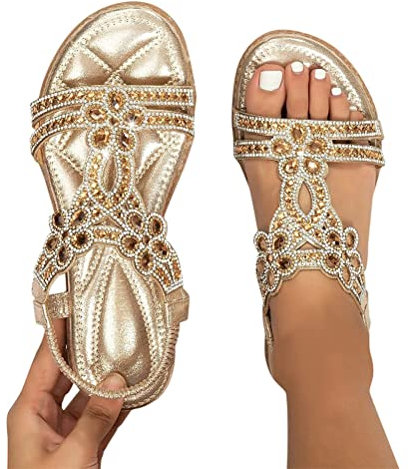 Minetom Sandales Femmes D'Été Plat Strass Fleur en Cuir Sandales T-Strap Élastique Bride À La Cheville Bout Ouvert Chaussures De Plage Cristal Floral Tongs A Or 38 EU