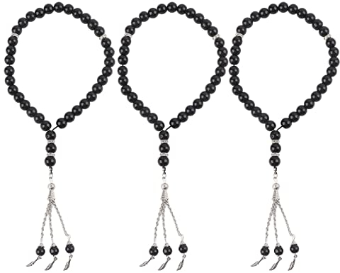 Buachois 3 Stück Gebetskette Islam 33 Perlen Muslimische Mala Halskette Gebetsperlen Stretch Armband Muslim Tasbih Misbaha Koran Gebet Perlenarmband für Frauen Männer Geschenk, Schwarz