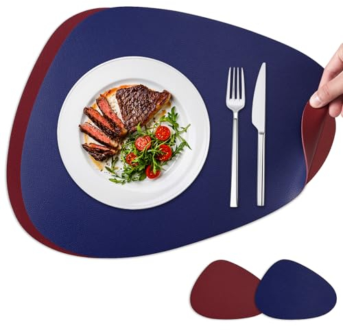 NOSTHEART Tischsets Abwaschbar 2er Set, Platzsets Abwischbar Tischsets Leder Rund Hitzebeständig rutschfest Platzdeckchen mit Untersetzer, Doppelseitigen - Königsblau Rot