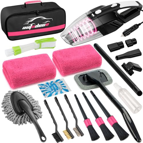 AUTODECO Kit de Nettoyage d'intérieur de Voiture 20 pièces avec aspirateur à Main Haute Puissance, brosses, Outil de Pare-Brise, plumeau, Serviettes, Outils complets d'entretien de Voiture, Rose