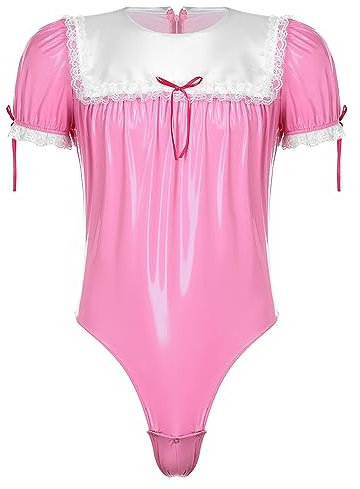 Hedmy Herren Dienstmädchen Kostüm Bodysuit Lack Leder Dessous Overall Unterhemd Männer Sissy Maid Cosplay Faschingskostüm Rosa 3XL