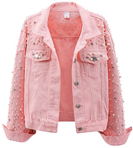 LifeShe Femmes Perles Denim Veste Court Strass Jeans Veste Manteau, rose, X-Large