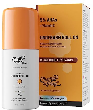 Chemist at Play UnderArm Roll-On - 5% AHA, Lactic & 1% Mandelic Acid | Prevents Odour, Brightens Skin, Exfoliates | Sensitive Skin, Alcohol-Free, Royal Oudh Fragrance (40 ml)