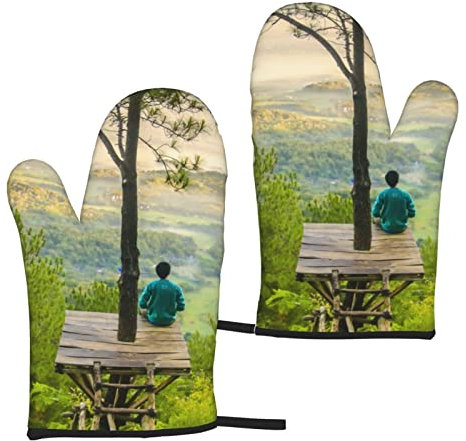 Mann sitzend unter einem Baum Ofenhandschuhe 2er Set Hitzebeständige Küchenhandschuhe Damen Herren Kochen BBQ Grillen Mikrowelle