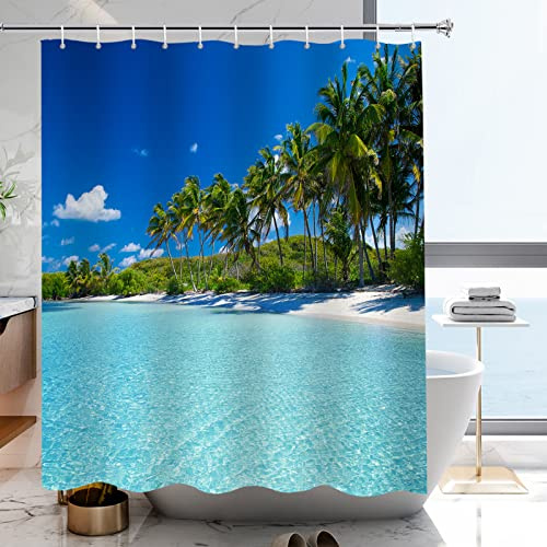 YISURE Tropical Palm Beach Print Water-repellent Shower Curtain 71x79 Inch | Waterproof Polyester Bath Shower Curtain, Blue Ocean Tropical Printed, Machine Washable, Including White Plastic Hooks
