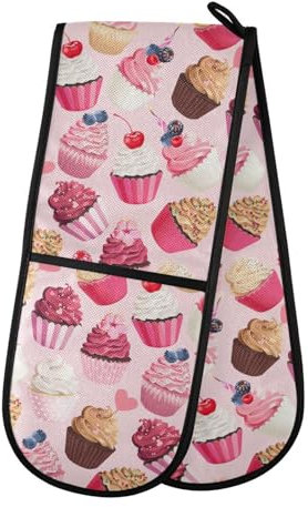 Double Oven Gloves Pink Cupcakes Berries Heat Resistant Pot Holder Oven Mitt Gloves for BBQ Cooking Baking Grilling Microwave