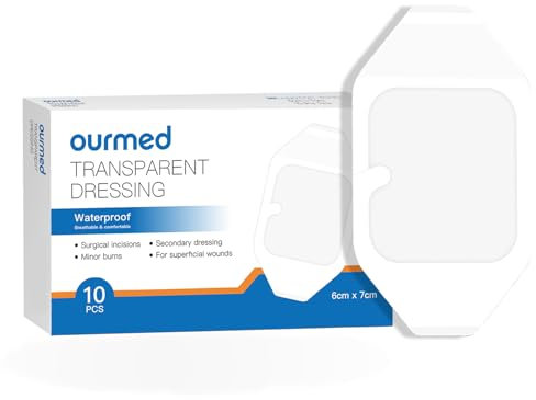 Ourmed Transparenter Folienverband, wasserdicht, selbstklebend, transparent, 5,8 x 6,9 cm, Wundverband für postoperative Dusche, IV-Schild, Tattoo-Nachsorge, 10 Stück